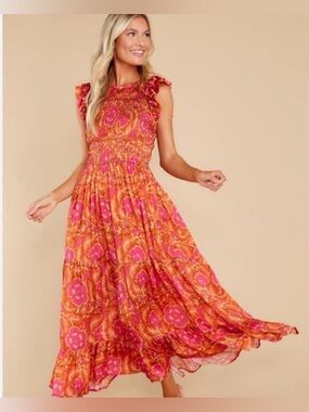 Cleobella Giselle Pink Floral Smocked Tiered Ankle Dress S